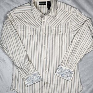 DKNY Cream and Navy Striped Casual Button-Down Shirt Size Small